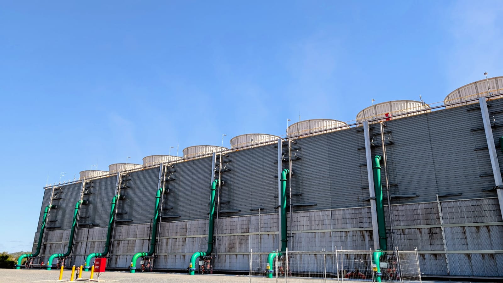Induced-draught cooling tower cells seen from below during a thermal performance test